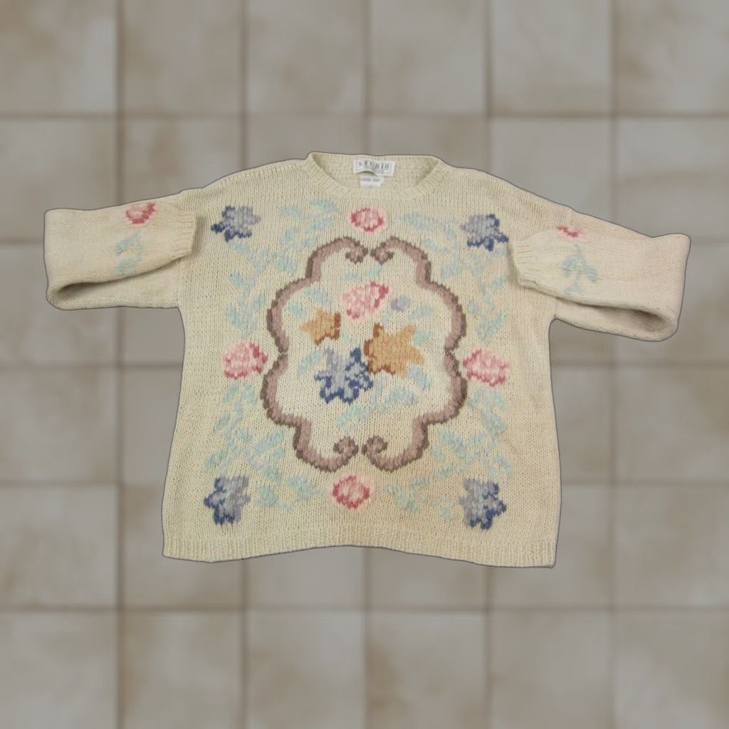 Vintage VINTAGE Michelle Stuart Sweater Women L Crew Neck Floral Knit Pullover 90s Ivory Size L / US 10 / IT 46 - 1 Thumbnail