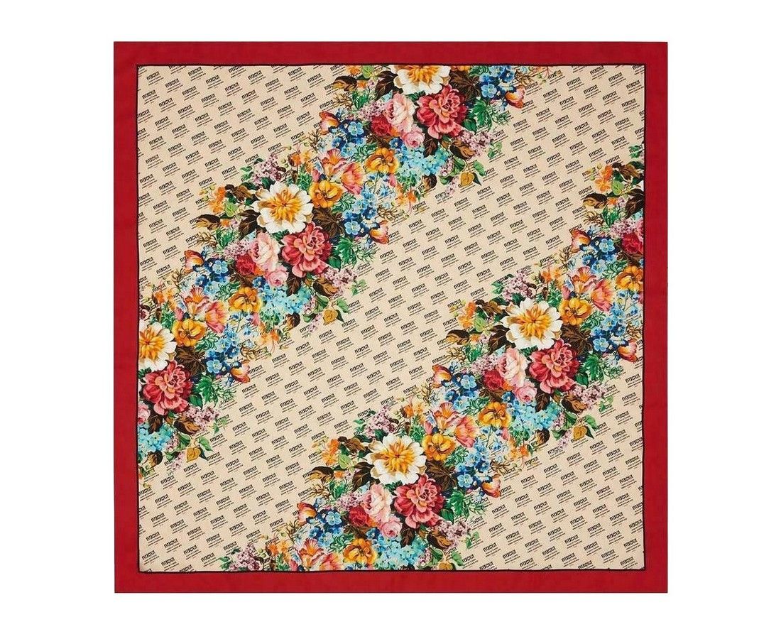 Gucci Women's Beige Monogram Logo Print Red Flower Motif Silk Size ONE SIZE - 1 Thumbnail