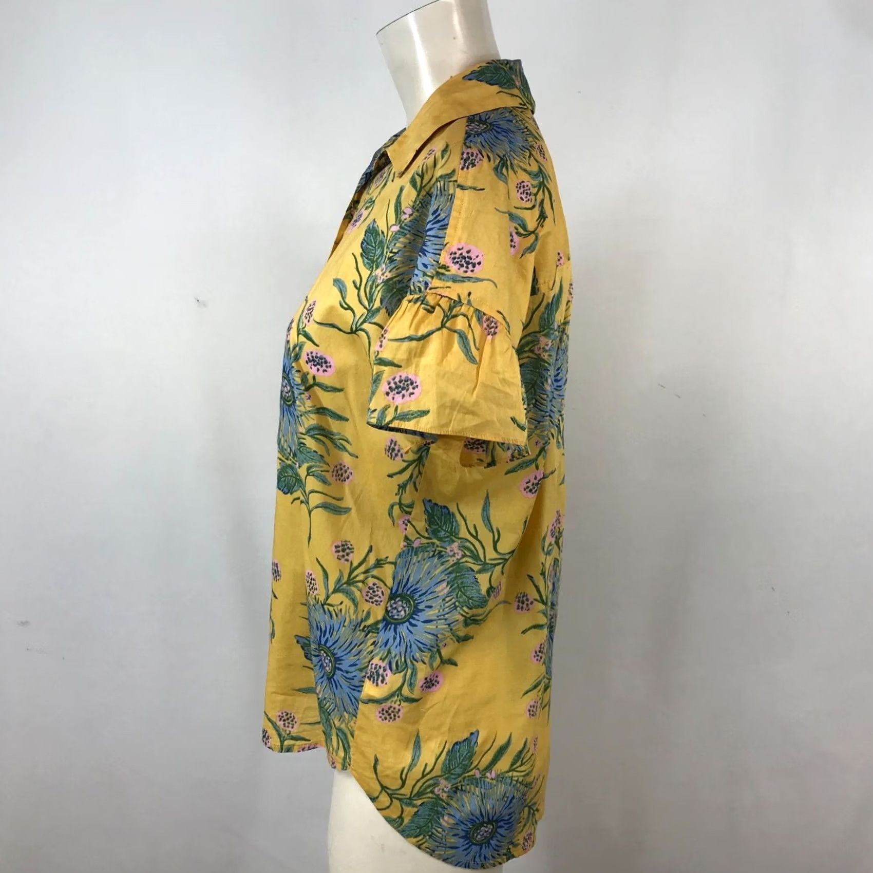 Madewell MADEWELL Women XS Yellow Floral Short Sleeve Collared Cotton Top Shirt Size XS / US 0-2 / IT 36-38 - 5 Thumbnail