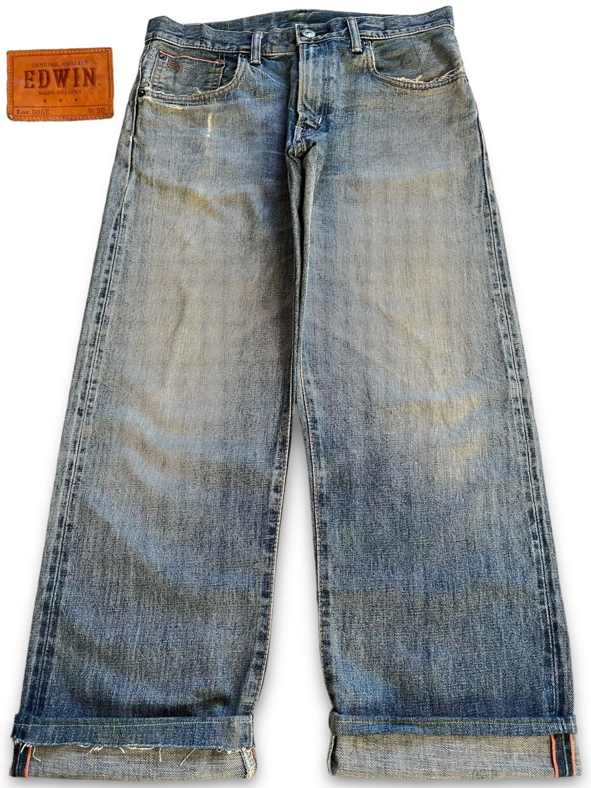 image of 1990X Clothing x Edwin Vintage Edwin 505Z Selvedge Distressed Cropped Baggy Jeans in Blue (Size 33)