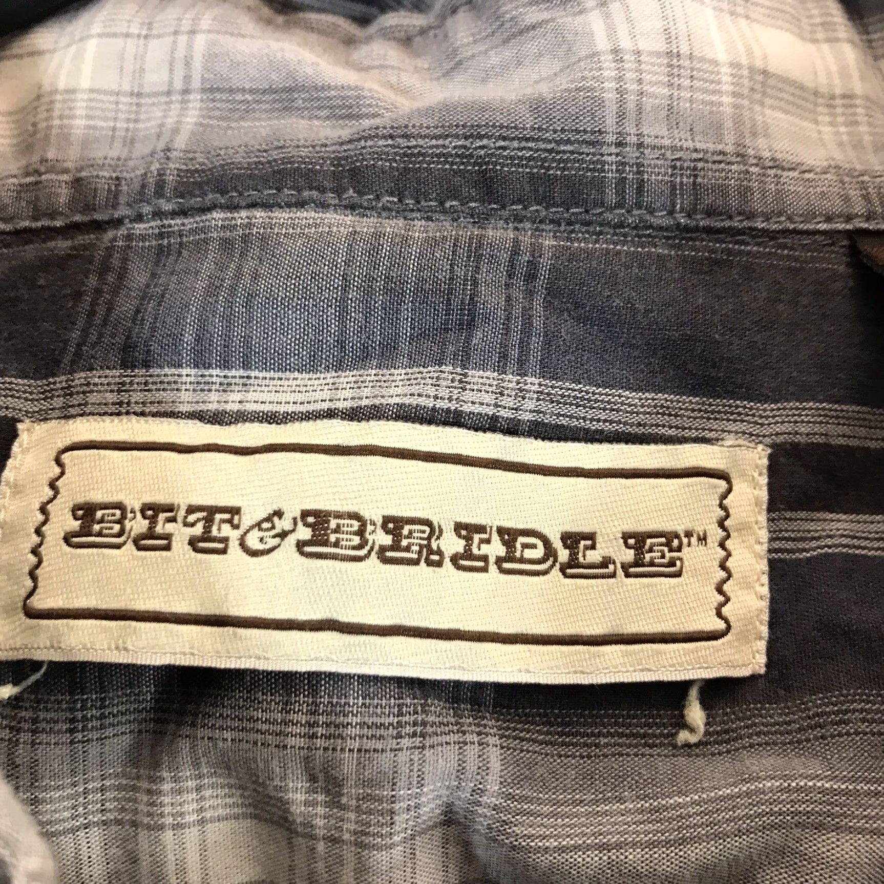 Vintage Bit & Bridle Western Shirt Mens 2X Short Sleeve Button-Up Striped Blue/Grey/White Cotton Polyester Snap Pearl Snap Western Shirt Mens Size US XXL / EU 58 / 5 - 4 Thumbnail