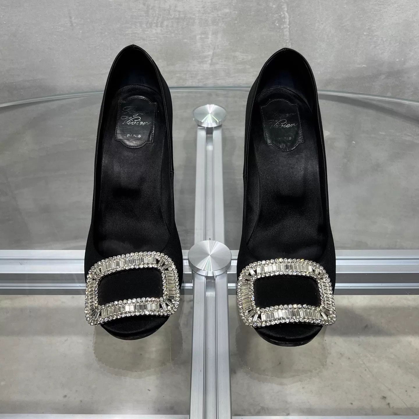 Roger Vivier RV Black Satin Square Buckle Crystal Pave High Heels Size US 7.5 / IT 37.5 - 1 Thumbnail