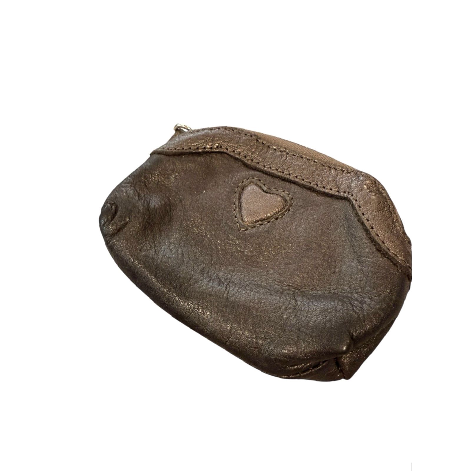Brighton VINTAGE Brighton Metallic Gray Brown Pebbled Leather Coin Wallet Zip Pouch Women One Size Brown Heart Zipper Purse Size ONE SIZE - 3 Thumbnail