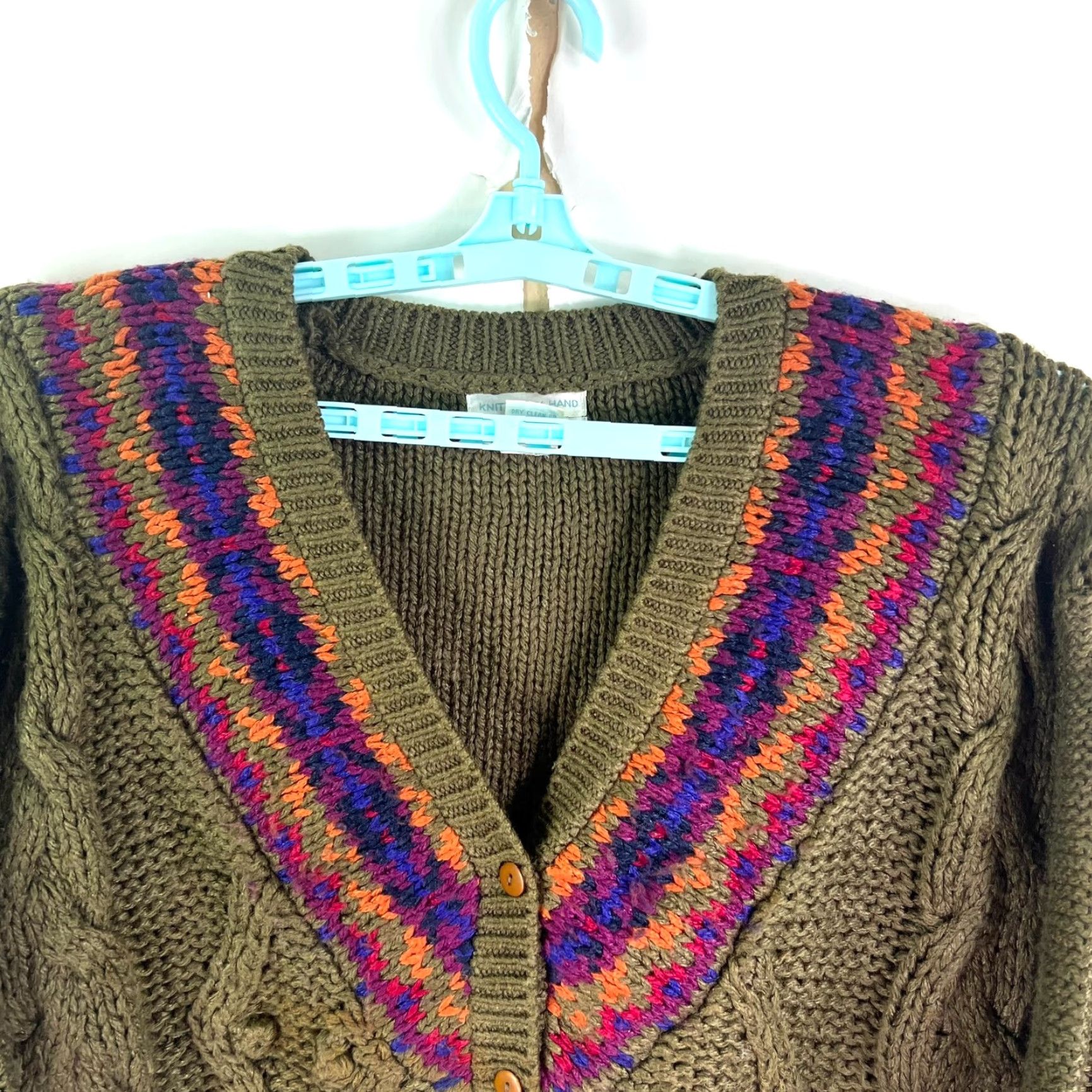 Vintage VINTAGE Jamie Scott Cardigan Sweater Women L Green/Purple Geometric 80s Knit Cable Knit V-Neck Asymmetrical Sleeve Button Size L / US 10 / IT 46 - 3 Thumbnail