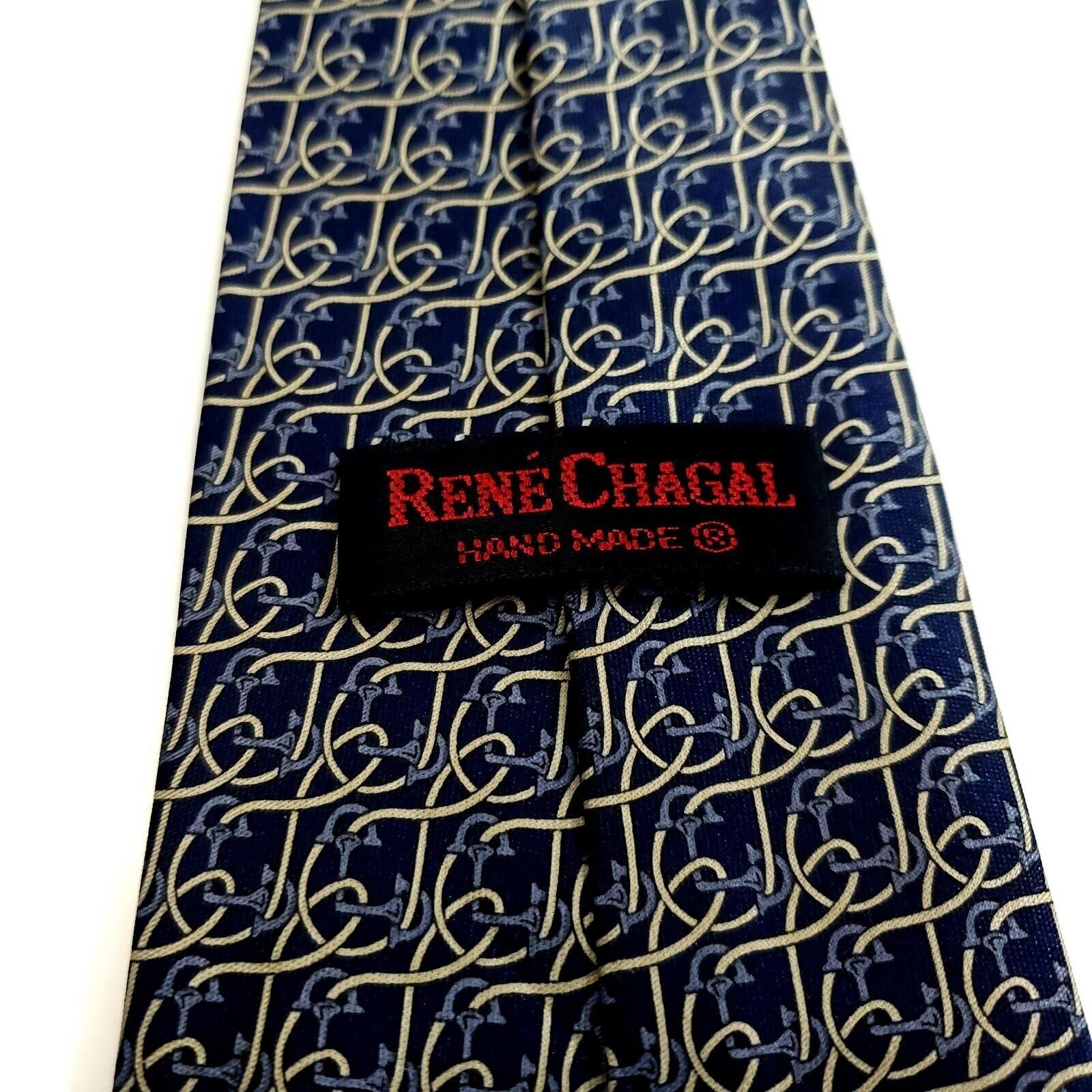 Designer Rene Chagal Blue Tan Geometric Print Wide Silk Tie Size ONE SIZE - 3 Thumbnail