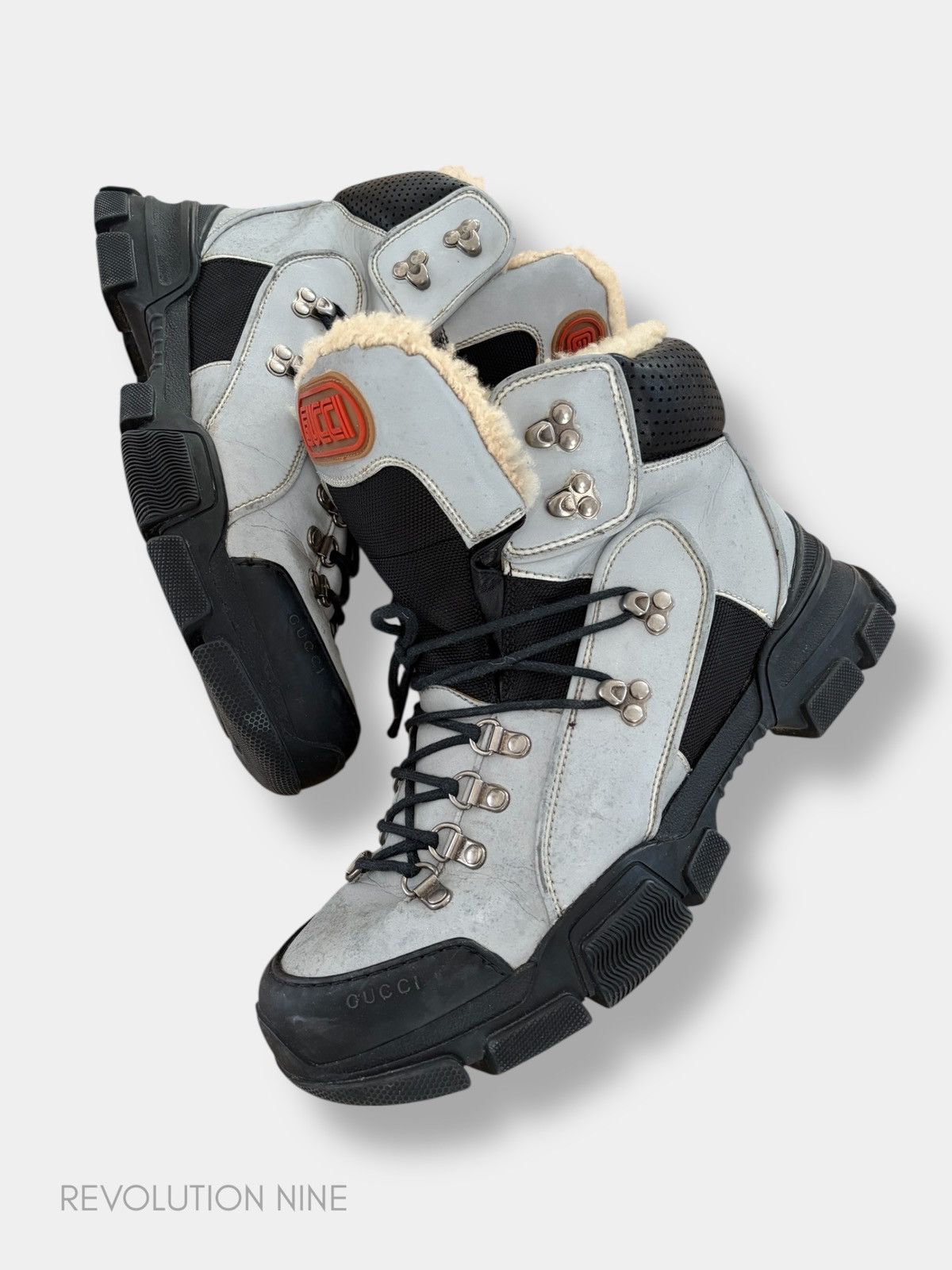 Gucci FW18 flashtrek hiking reflective shearling boots