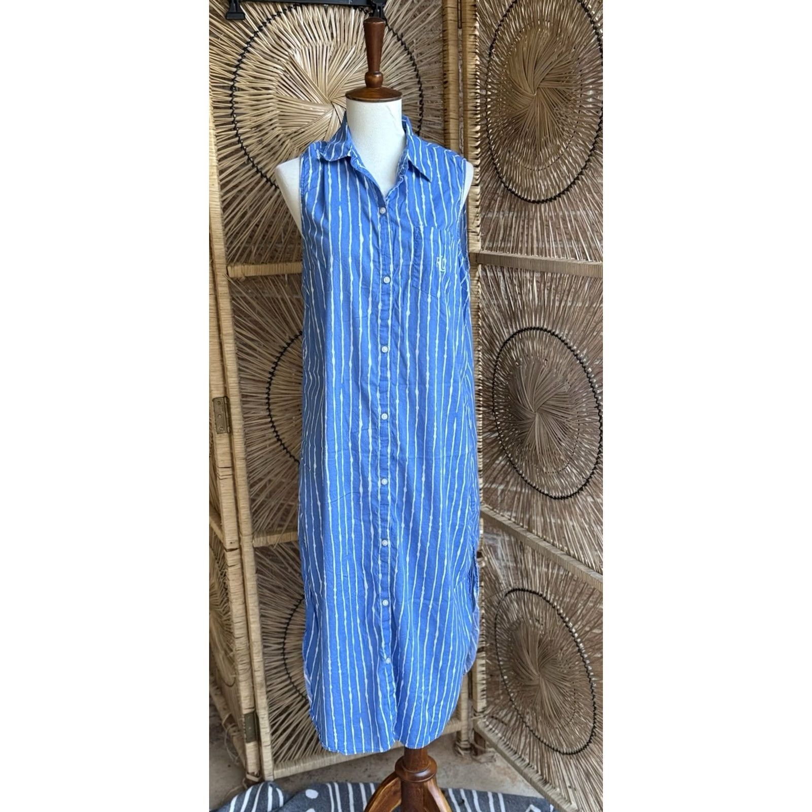 Ralph Lauren VINTAGE? (No) Lauren Ralph Lauren Sleeveless Dress White Blue Stripe Viscose M Woman Knee Length A-Line Size M / US 6-8 / IT 42-44 - 2 Thumbnail
