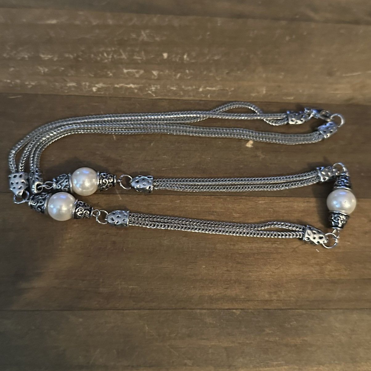 Other Silver tone double wheat chain station pearl necklace Size ONE SIZE - 2 Thumbnail