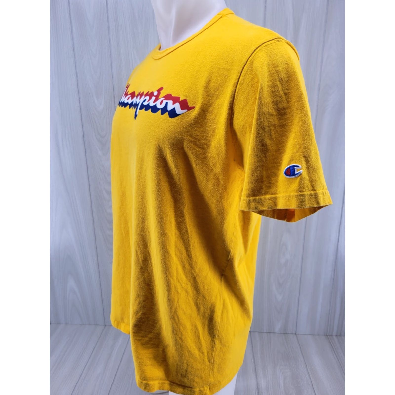 Champion VINTAGE Champion Shirt Mens L Yellow Spell Out Felt Script Blue Tag 90s Shirt Men 90s Size US L / EU 52-54 / 3 - 2 Thumbnail