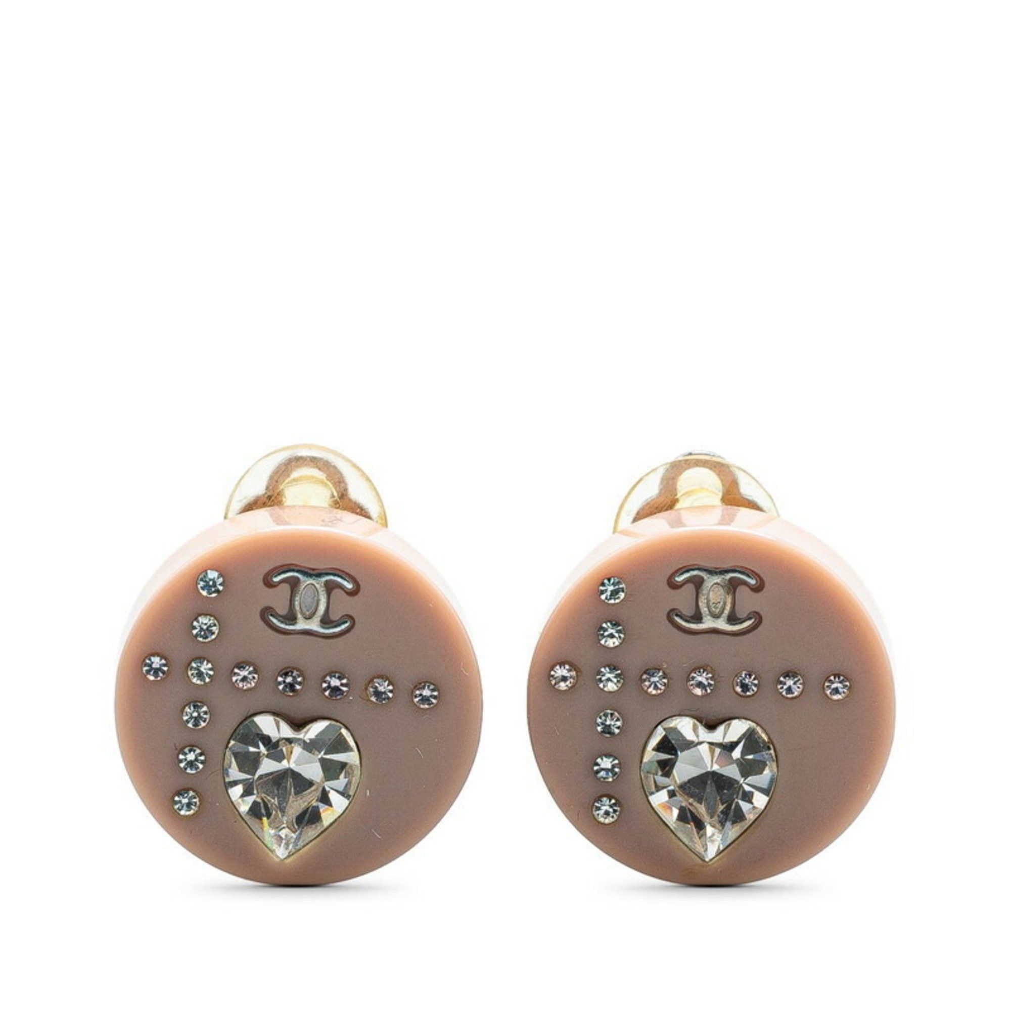 Chanel Coco Mark Heart Motif Rhinestone Earrings Silver Pink Metal Women's CHANEL