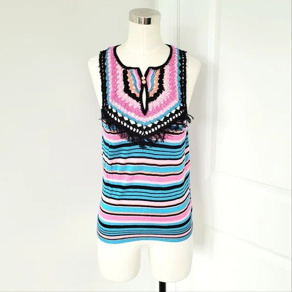 Nanette Lepore Multicolor Striped Tassel Crochet Knit Tank Spring Summer Size S / US 4 / IT 40 - 2 Thumbnail
