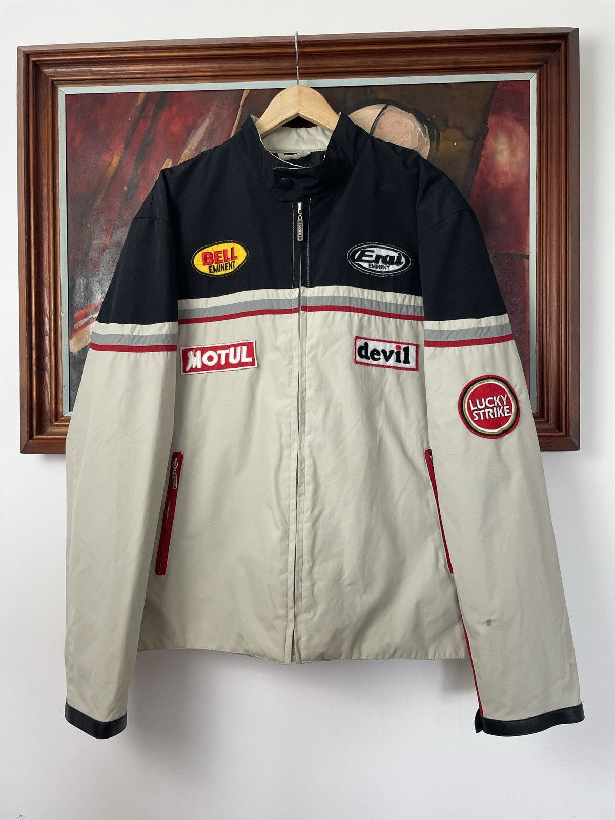 image of Vintage Racing Jacket Lucky Strike Streetwear Y2K Vintage in Black Grey, Men's (Size XL)