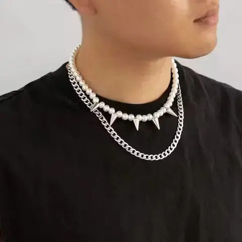 Jewelry Imitation Pearl Beads Chain Spikes Short Choker Necklace Men Size ONE SIZE - 1 Thumbnail