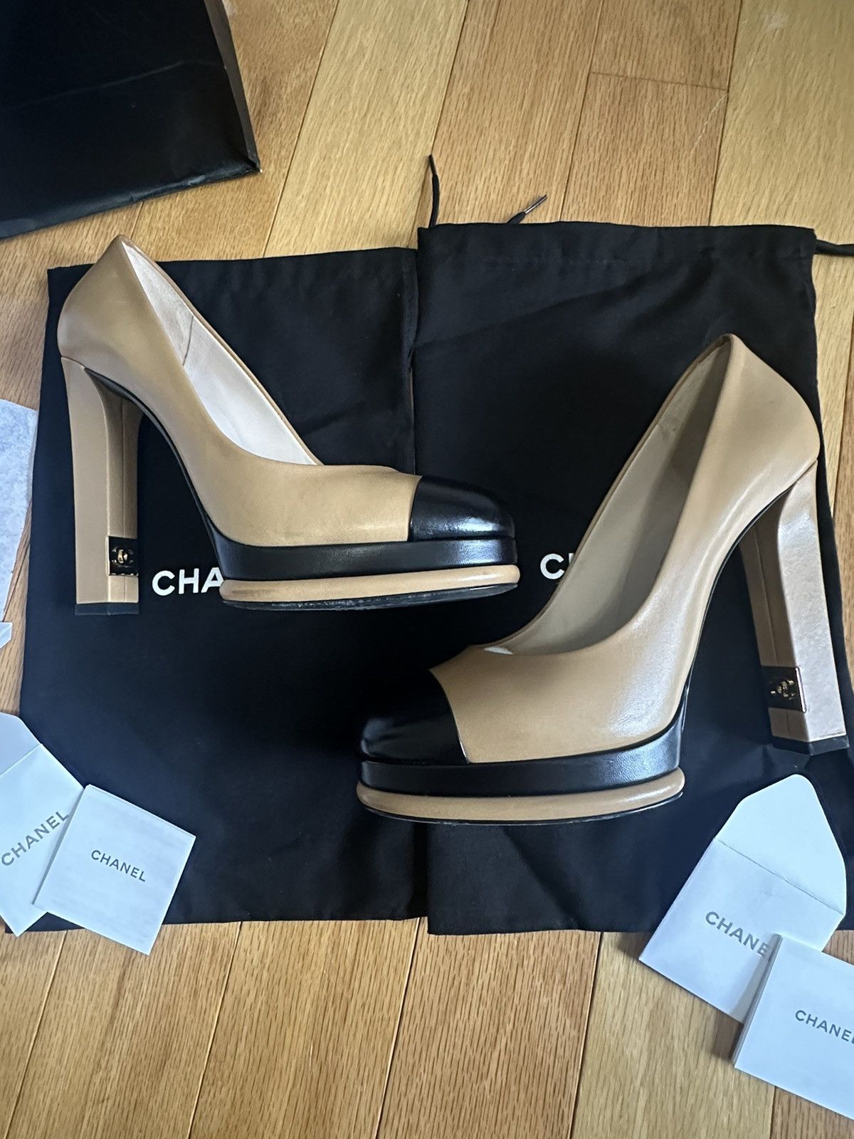 Chanel Chanel CC Platform Pumps - Beige/Black Size US 9 / IT 39 - 4 Thumbnail