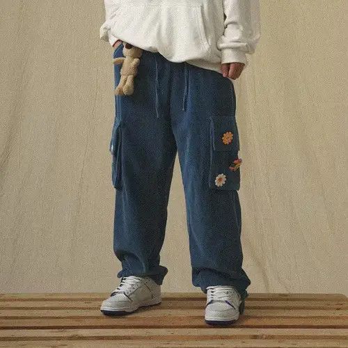 image of Corduroy Pants Wide Leg Pants For Men Cargo Trousers in Blue (Size 33)