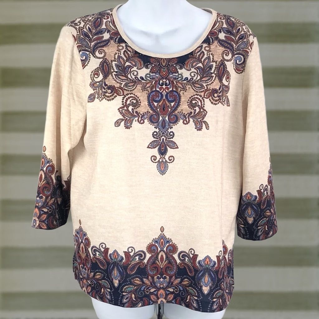 Vintage Alfred Dunner Knit Pull Over Top PM Tan Multi Geo Beaded Crochet 3/4 Sleeve Size M / US 6-8 / IT 42-44 - 1 Thumbnail