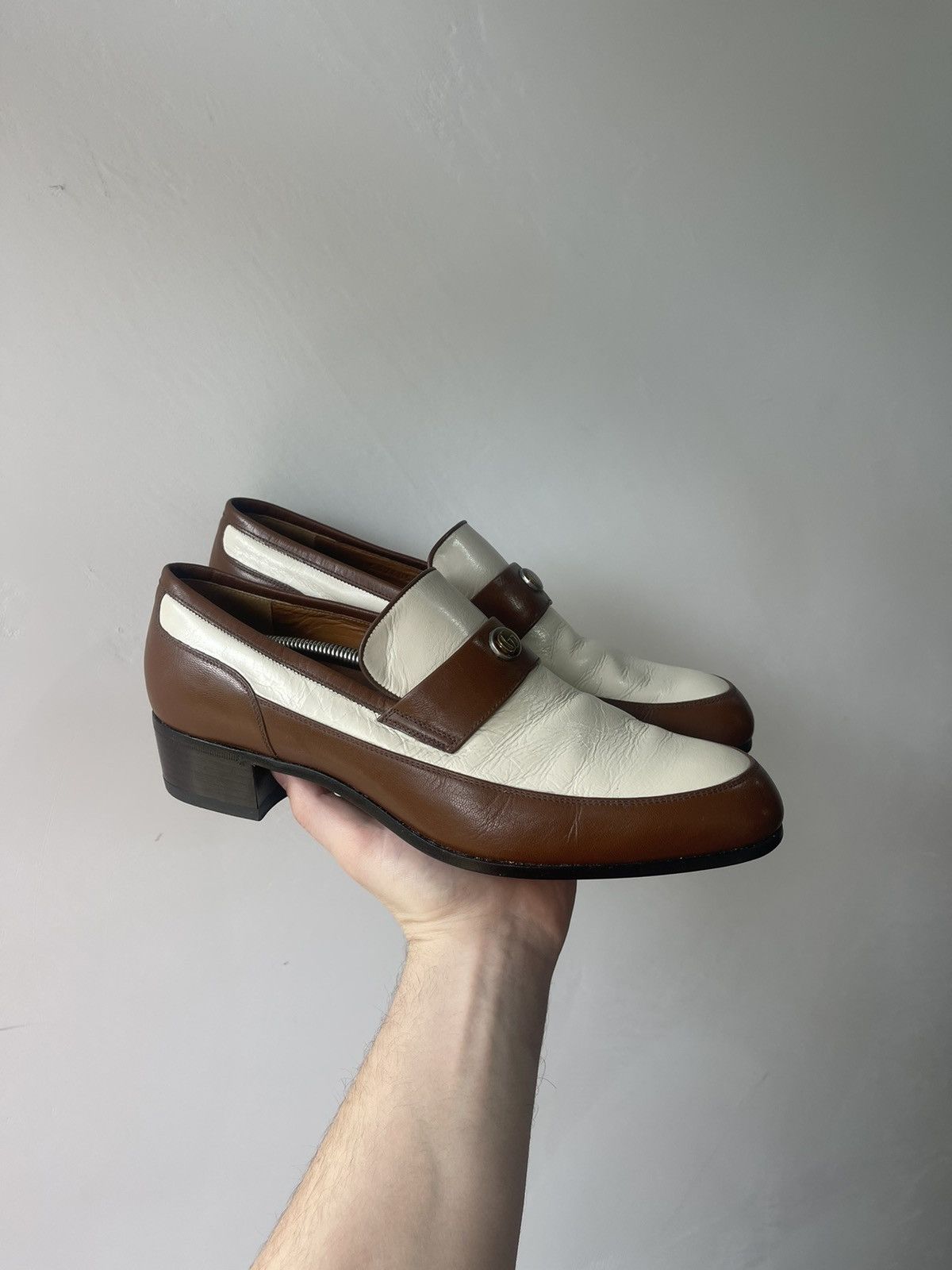 gucci loafers man vintage horsebit very beautifu brownwhite