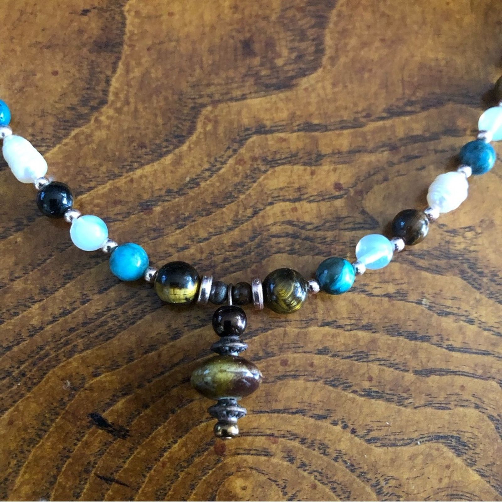 Handmade Handcrafted Tiger eye howlite stone genuine pearl necklace Size ONE SIZE - 9 Thumbnail