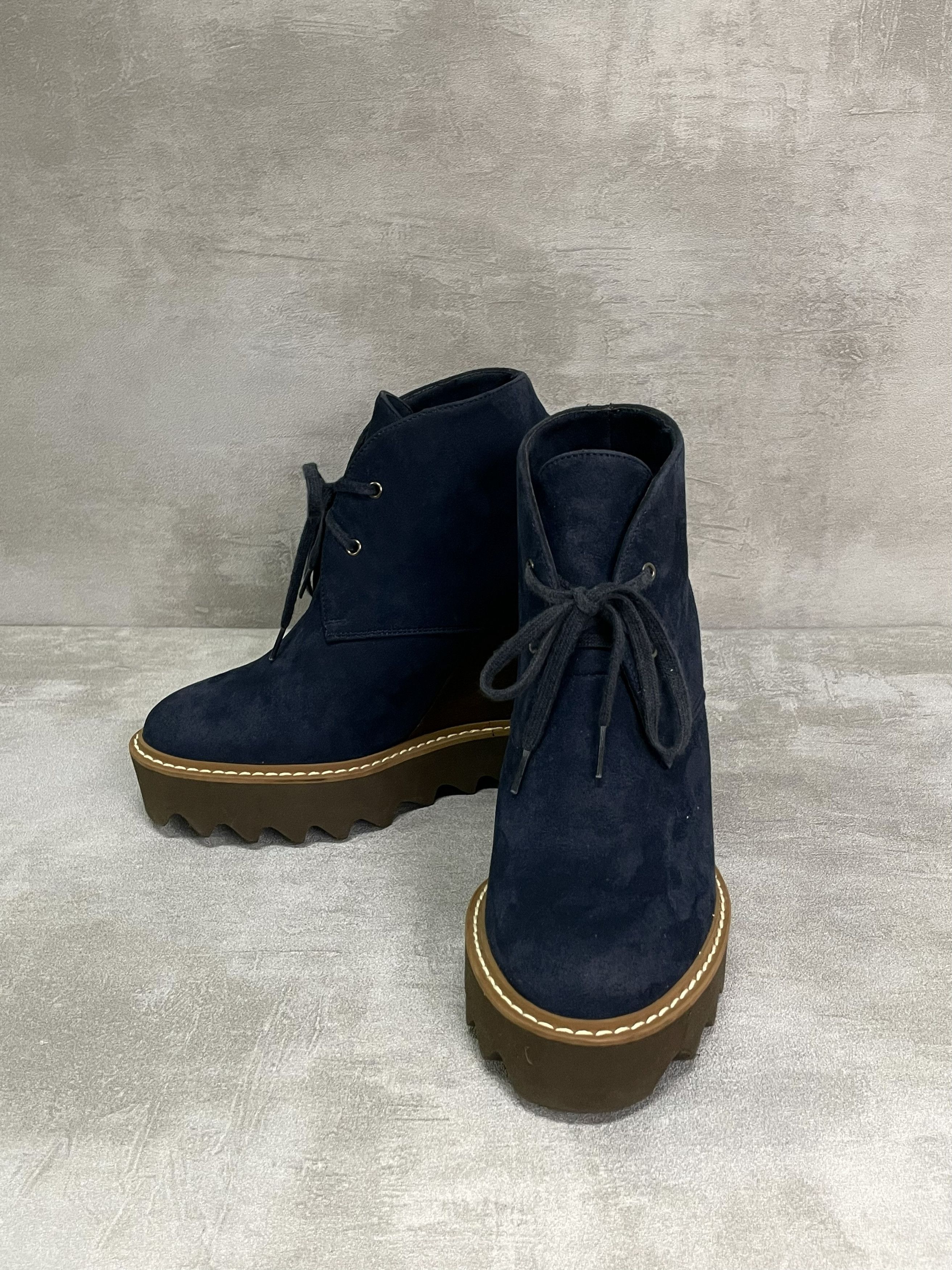 Stella McCartney Stella McCartney Navy Faux Suede Leana Lace Up Wedge Booties Size US 6 / IT 36 - 2 Thumbnail