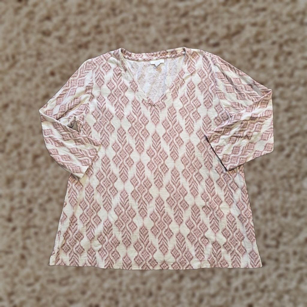 J. Jill J. Jill Top Shirt Womens Large White Pink Southwest Slub Knit 3/4 Sleeve Casual V-Neck Size L / US 10 / IT 46 - 1 Thumbnail