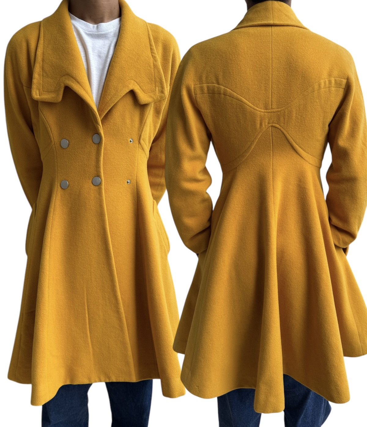 Mugler 🔥Rare Vintage 80s Thierry Mugler Mustard Yellow Wool Coat Size M / US 6-8 / IT 42-44 - 1 Thumbnail