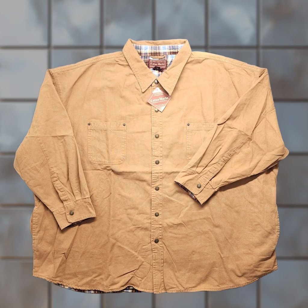 Vintage VINTAGE Cotton Works Shirt Shacket 4X Tan Snap Pockets Lightweight Flannel Lined NEW Men Long Sleeve Button-Up Collared Snap Closure Boys? Size US XXL / EU 58 / 5 - 1 Thumbnail