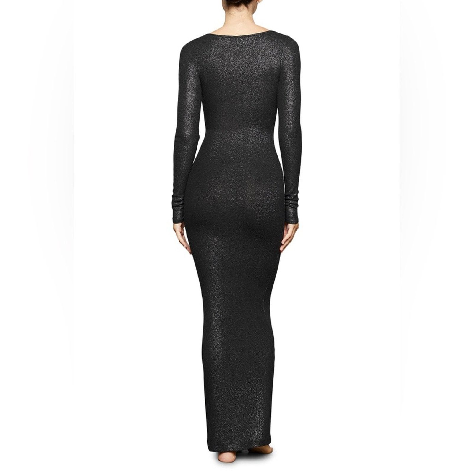 SKIMS Lounge Ribbed Long Sleeve Maxi Dress Onyx Foil NWT