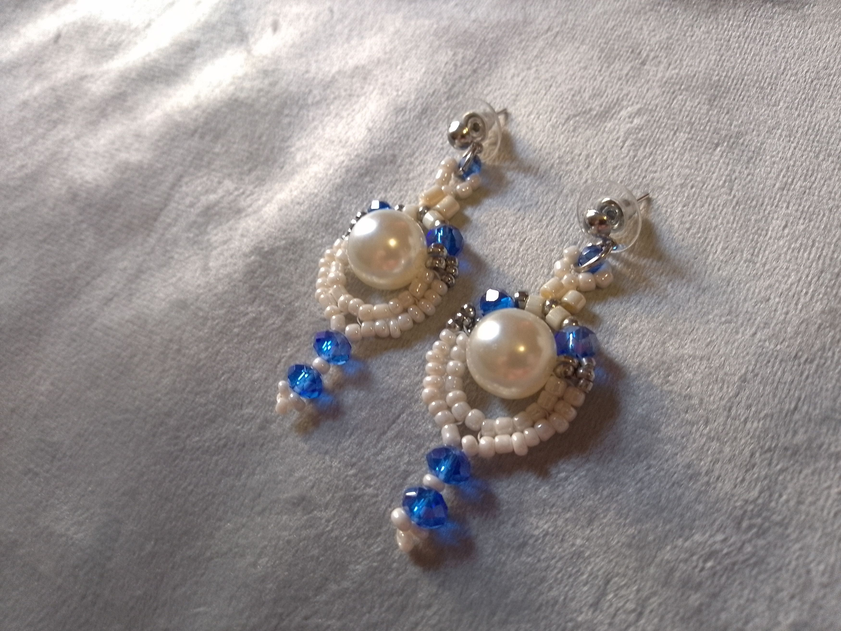 Handmade Earrings Ivory Pearl Blue Crystal Elegant Size ONE SIZE - 2 Thumbnail