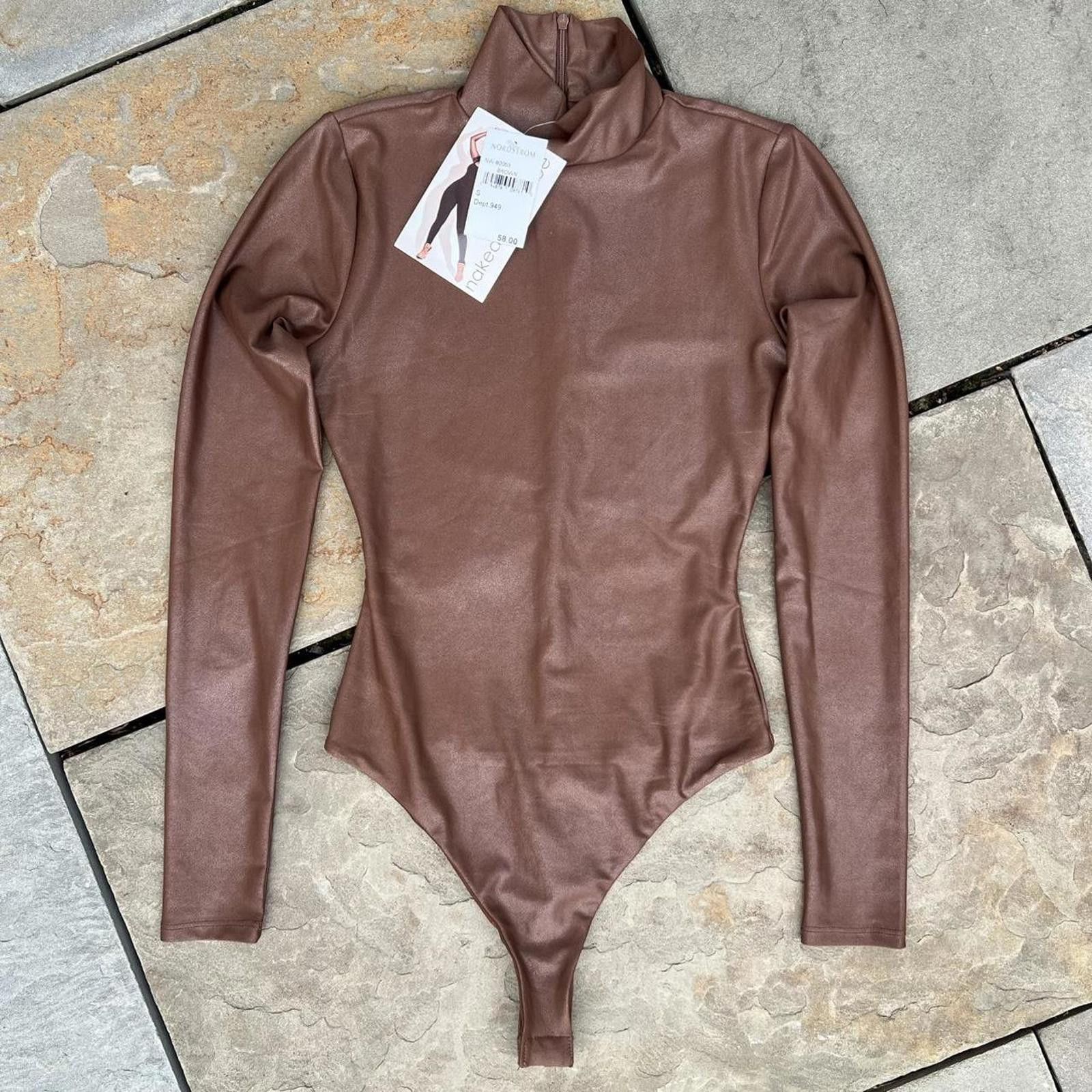 NWT Brown Wet Look Faux Leather Long Sleeve Thong Body Suit, Women's (Size Small)