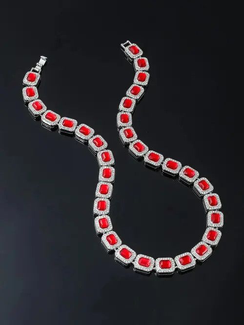 Jewelry × Vintage Retro Punk Rhinestone Ruby Necklace Chain Square Size ONE SIZE - 2 Thumbnail