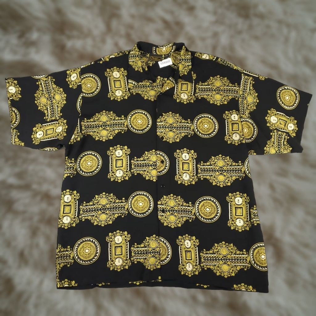 Vintage Monzini Shirt Mens 2X Black Yellow Polyester Vintage Relaxed Fit Button Up Size US XXL / EU 58 / 5 - 1 Thumbnail