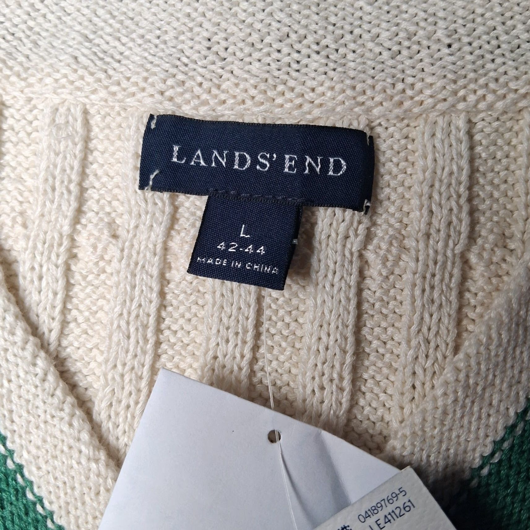 Lands' End Lands' End Sweater Vest Men L V-Neck Cable Knit Ivory Academia Preppy Linen Blend Vest, Nautical, OLD MONEY, Regular Fit, Cotton/Linen, Ivory, Mens Size US L / EU 52-54 / 3 - 5 Thumbnail