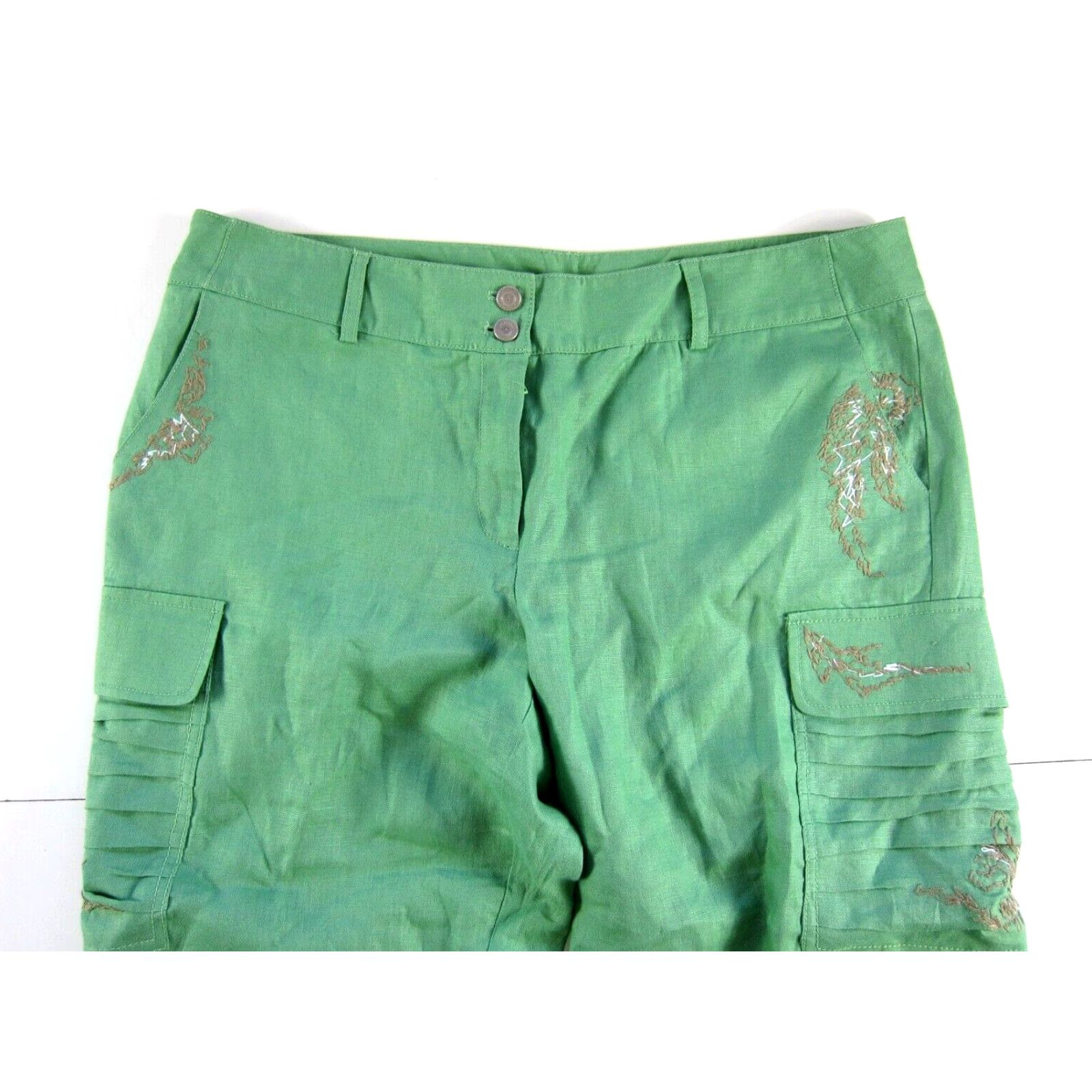 Vintage Gianni Binni 100% Linen Green Embroidered Pocket Cargo Wide Leg Capri Pant 12 Size 34" / US 12 / IT 48 - 3 Thumbnail