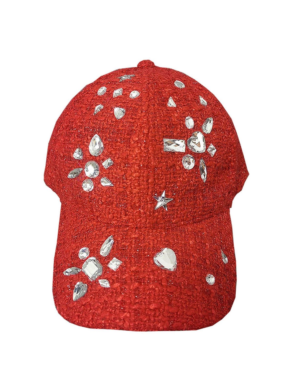 Other Red Embellished Rhinestone Tweed Baseball Cap Size ONE SIZE - 4 Thumbnail