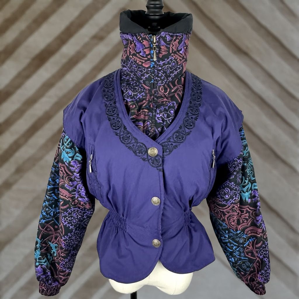 Vintage VINTAGE Skiing Passport Jacket Womens XS 90s Bohemian Paisley Embroidered Puffer Purple Size XS / US 0-2 / IT 36-38 - 1 Thumbnail