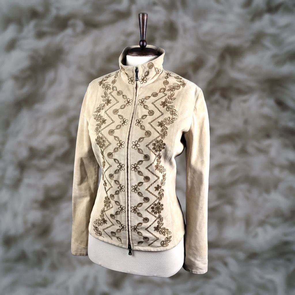 Vintage Ferre Leather Beige Skirt Suit Women Size S - Floral Velour Jacket & Skirt Set, 2 Piece, Lined, Full Zip, Single-Breasted, Vintage No, US Buyer Note! Size 28" / US 6 / IT 42 - 1 Thumbnail
