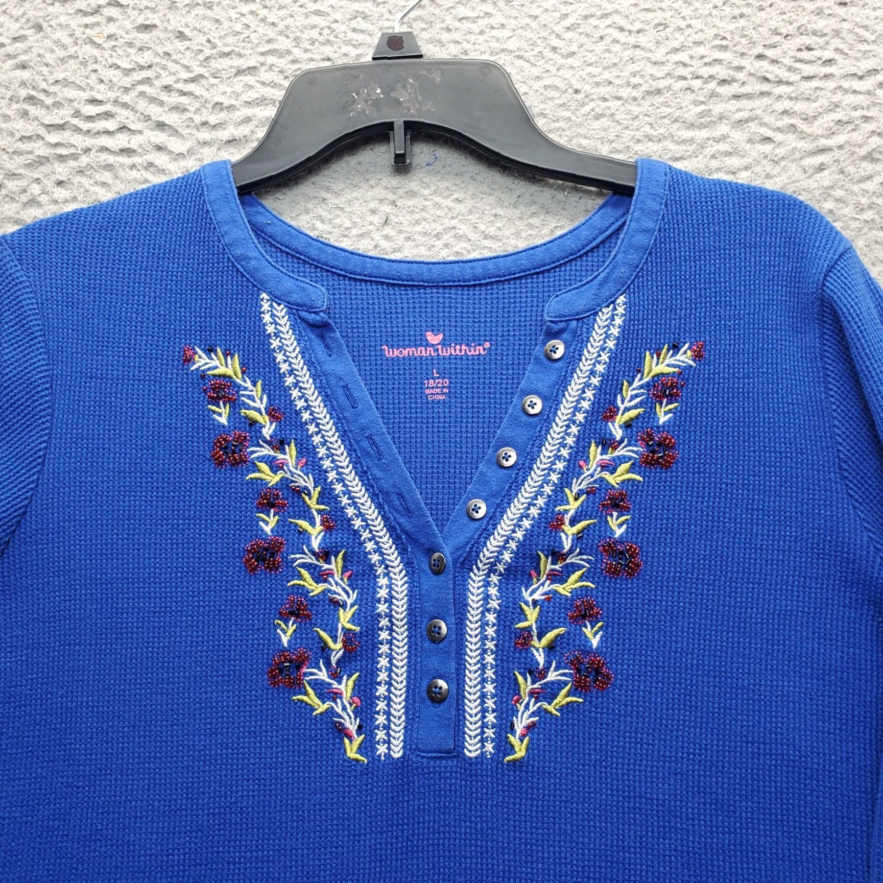 Vintage Woman Within Thermal Henley Shirt Womens L Blue Waffle Knit Beaded Embroidered Size L / US 10 / IT 46 - 7 Thumbnail