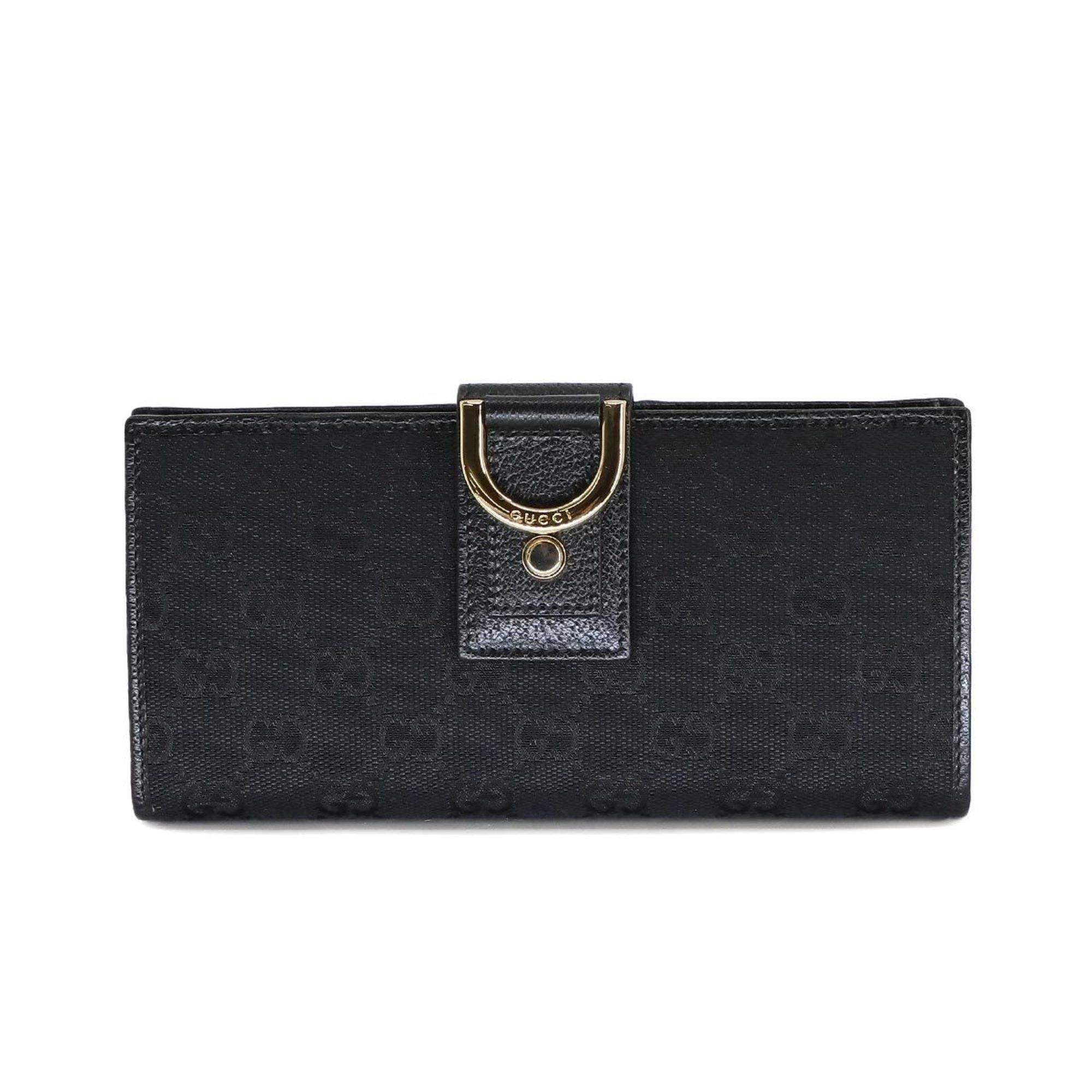 image of Gucci GG Canvas Bi-Fold Long Wallet Leather Black 141412 Gold Hardware, Women's