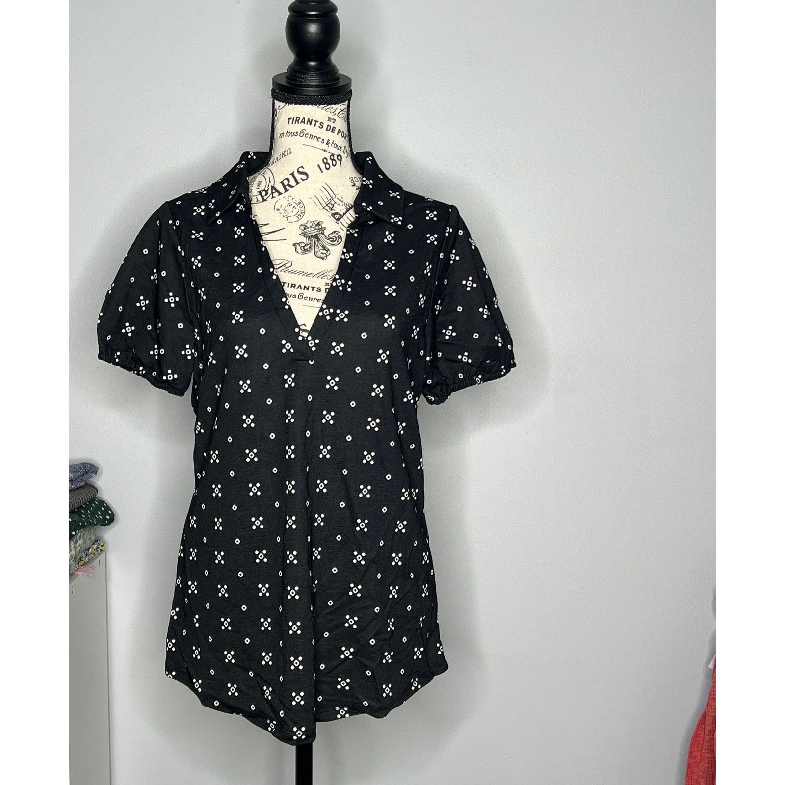 Other Elastic Short Sleeve Piqué Patterned Collared Split Neck Top Size M / US 6-8 / IT 42-44 - 8 Thumbnail
