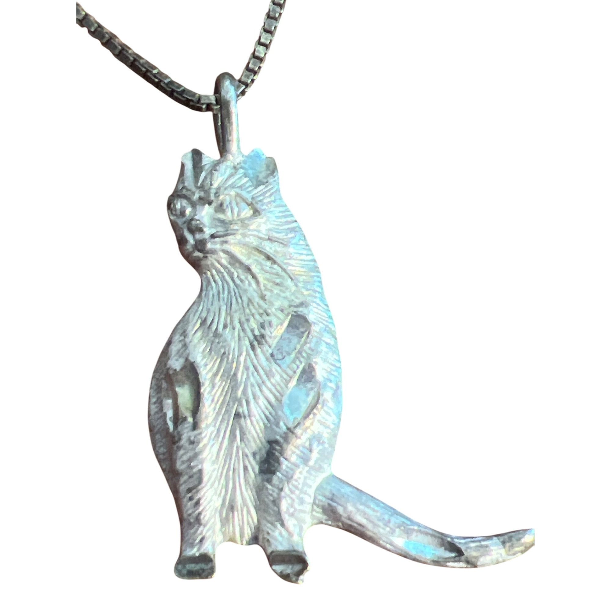 Other Vintage Sterling Silver Etched Cat Pendant Box Chain Necklac Size ONE SIZE - 2 Thumbnail