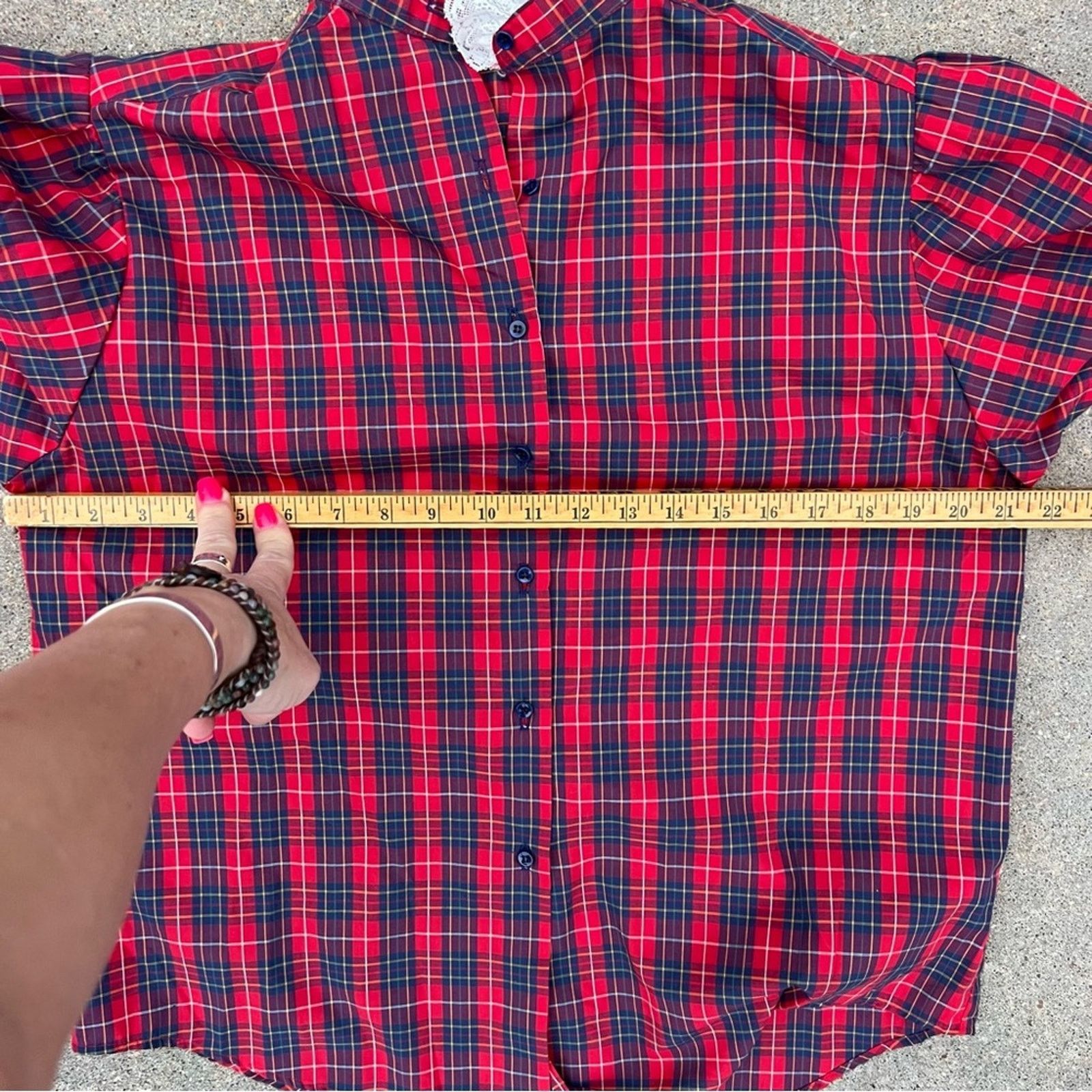 Vintage VTG Red Poplin Christmas Plaid Ruffle Lace Button Up Blouse Size L / US 10 / IT 46 - 5 Thumbnail