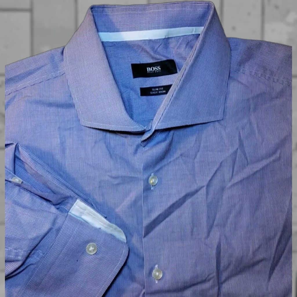 VINTAGE Hugo Boss Jery Dress Shirt Men 16.5 Purple White Check Slim Fit Business Casual