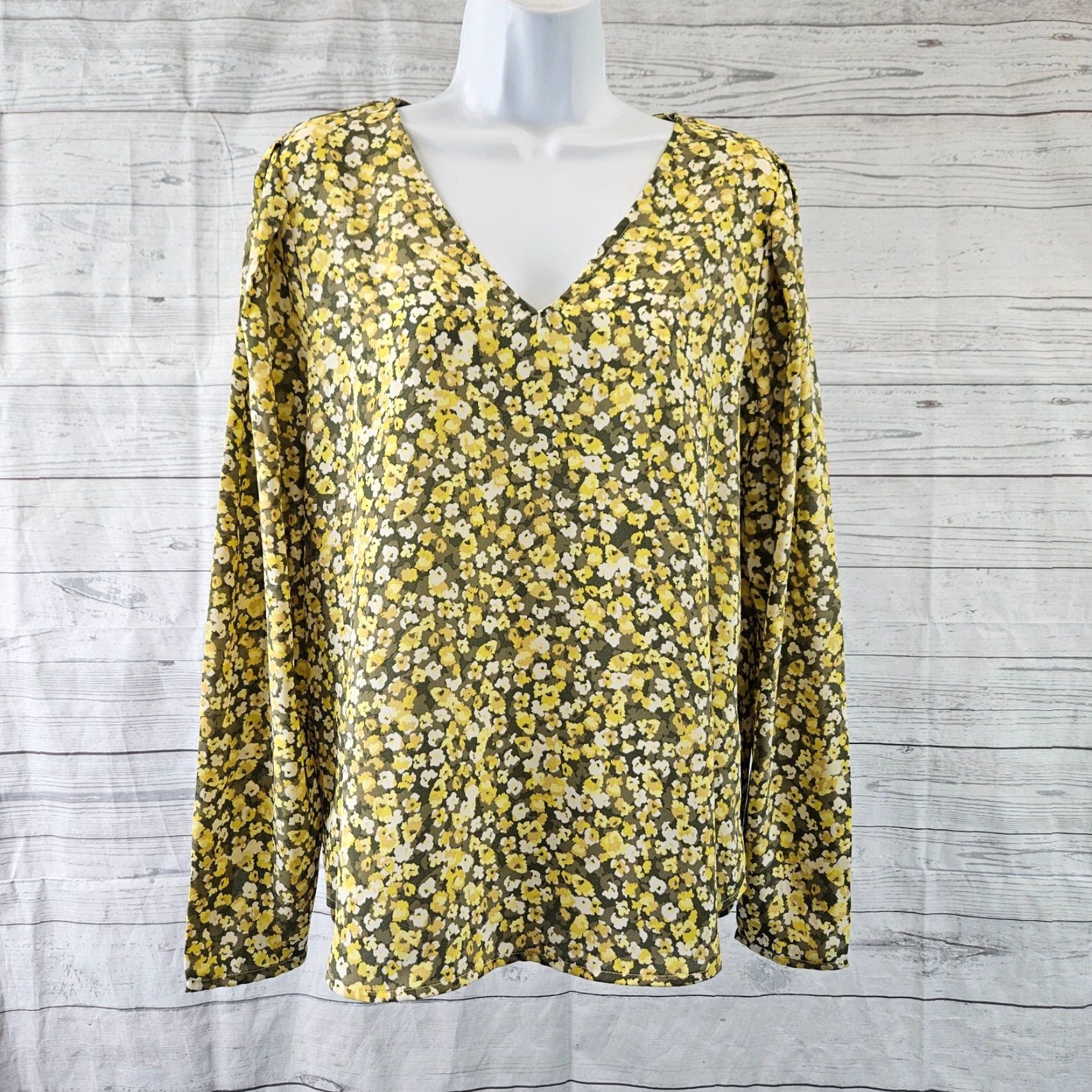 Loft LOFT Womens Top Blouse Yellow White Floral Long Sleeve V-Neck M / Size M / Casual Shirt Ladies Size M / US 6-8 / IT 42-44 - 2 Thumbnail