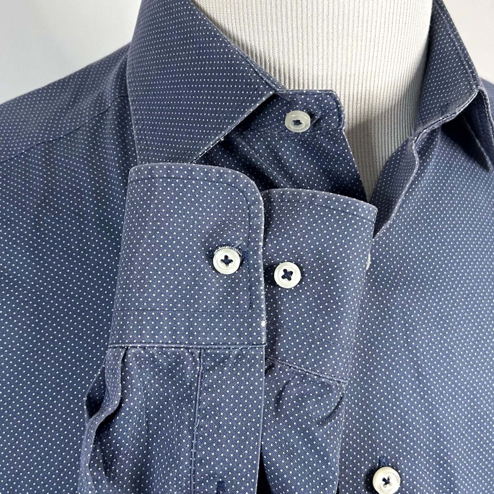 David Donahue David Donahue Dress Shirt 16.5 32/33 Blue White Polka Dot 100% Cotton Slim Knit Shirt Mens Size 46R - 4 Thumbnail