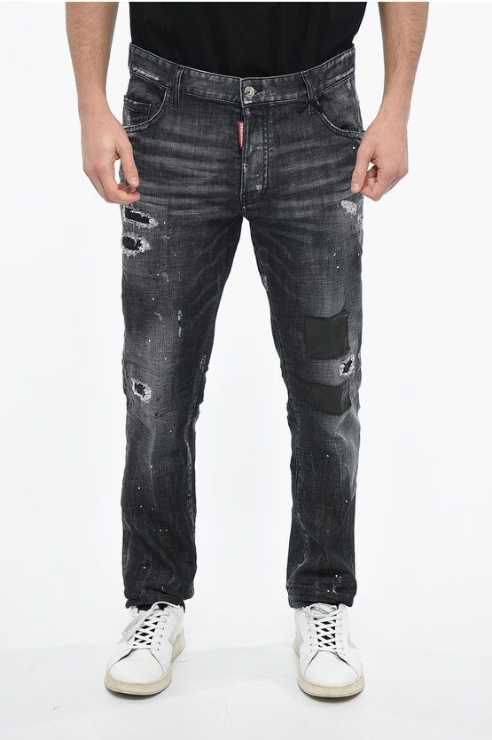 image of Dsquared2 Distressed Skater Denims With Leather Patches 16Cm in Black, Men's (Size 33)