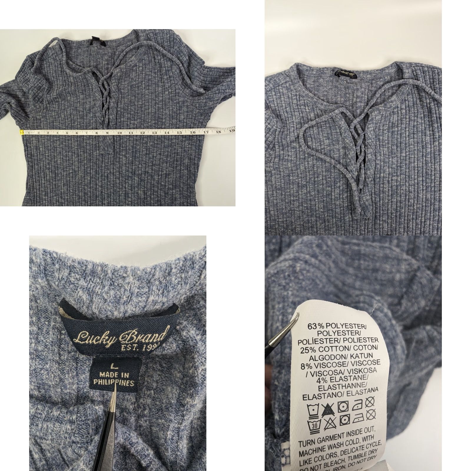 Lucky Brand Lucky Brand Lace Up Top Blue Ribbed Boho Long Sleeve Women’s Large L 7W63414 Size L / US 10 / IT 46 - 8 Thumbnail