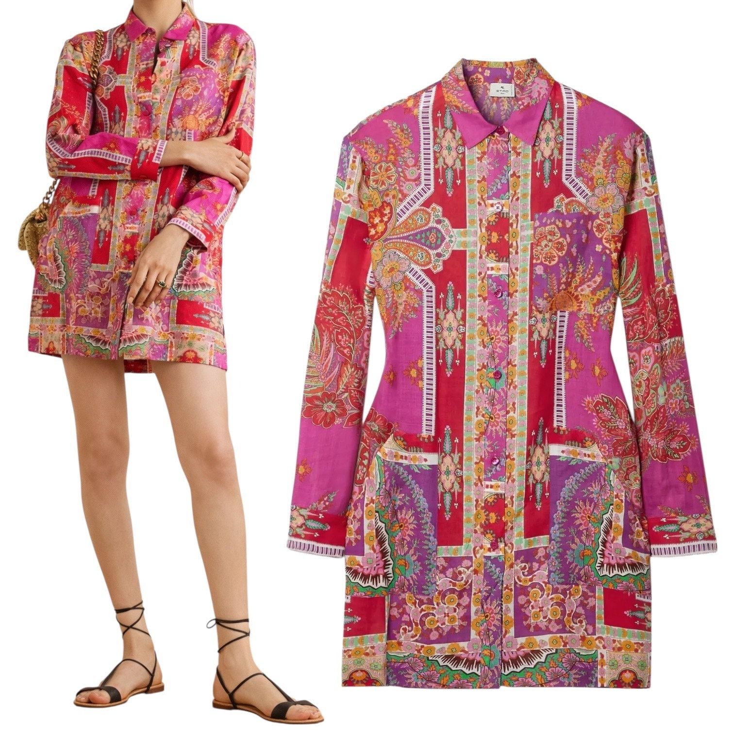 Etro Sardegna Printed Ramie Mini Shirt Dress Pink Size S