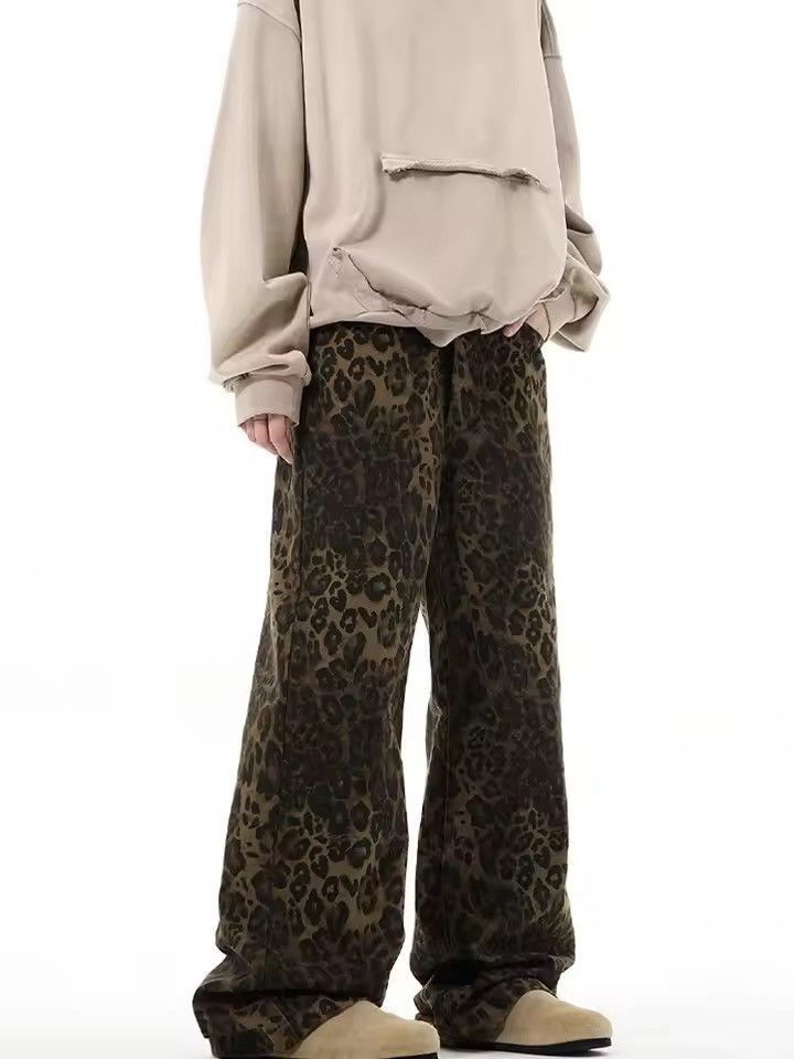 Japanese Brand 🐆 Y2K Grunge Baggy Jeans - Dark Brown Leopard Print Pant 🍂 Size US 31 - 2 Thumbnail