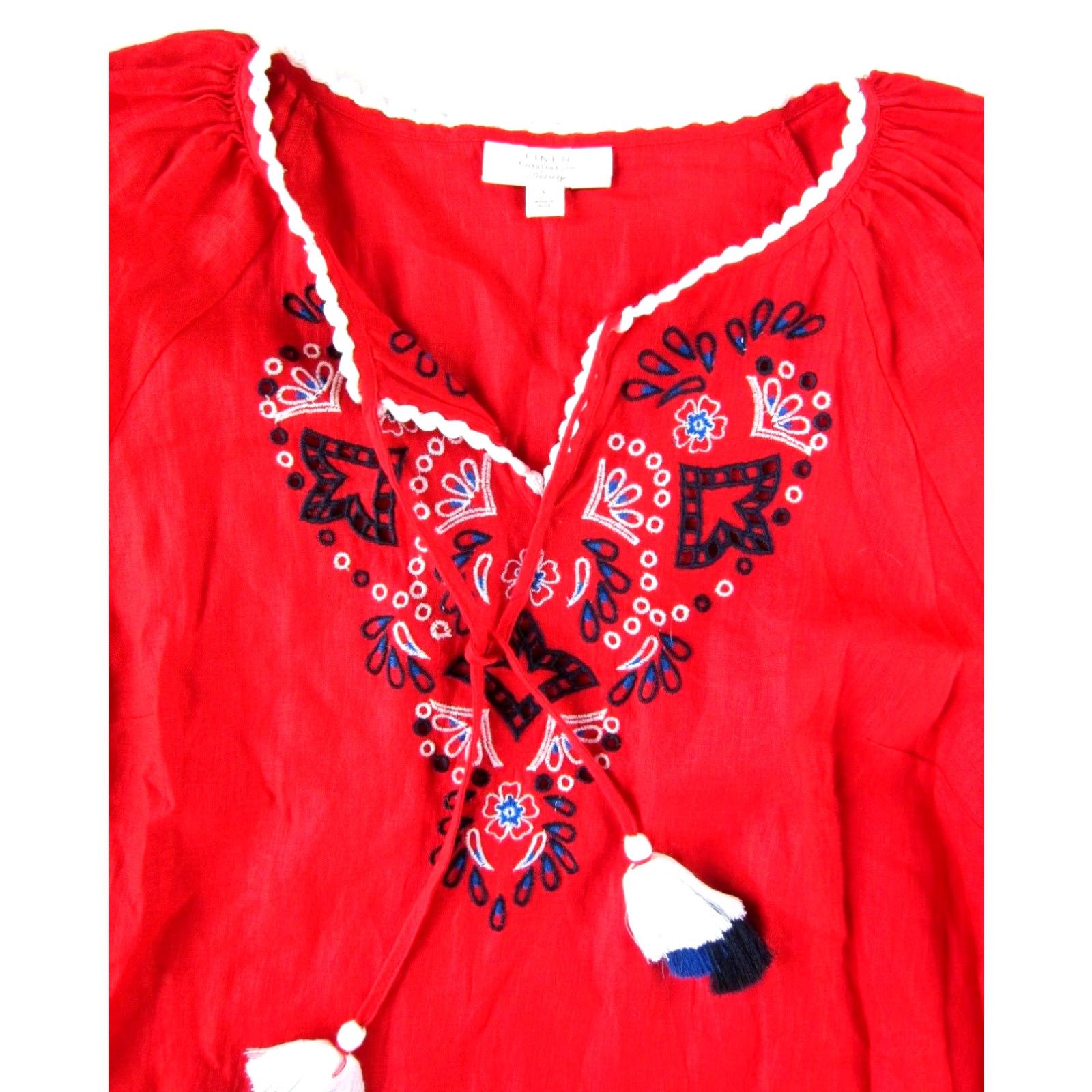 Charter Club Charter Club Luxury Linen Red White Blue Embroidered 3/4 Sleeve Tunic Blouse L Size L / US 10 / IT 46 - 4 Thumbnail