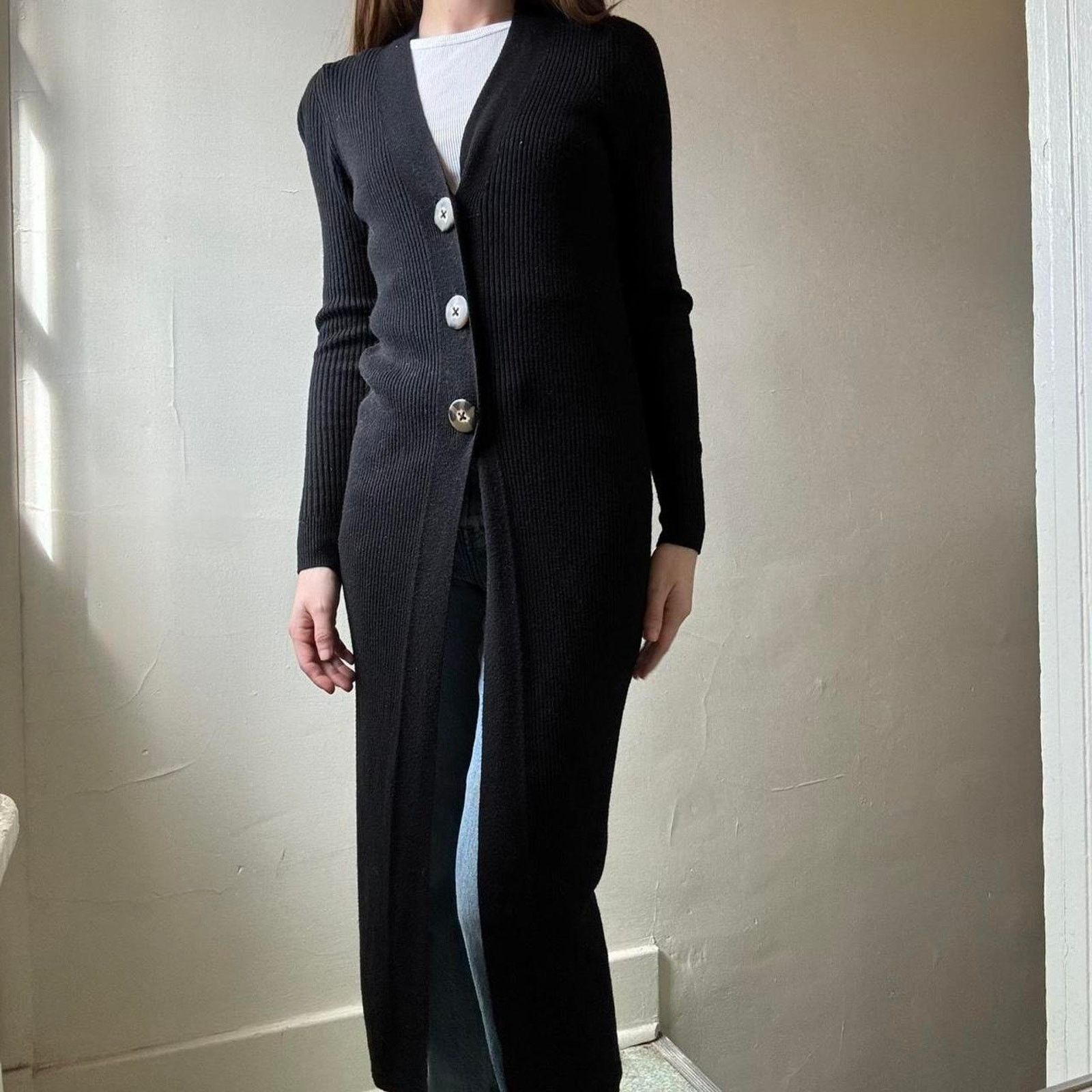 Vintage Rue and Willow Black Ribbed Cardigan Duster XS Preppy Fall Size XS / US 0-2 / IT 36-38 - 3 Thumbnail